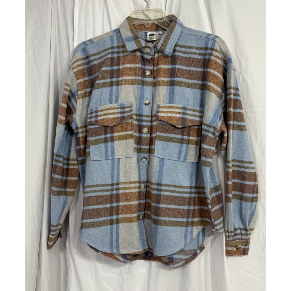 NWT FORD BRONCO Women's Plaid Blue Brown Graphic Flannel Shirt Button X-Large